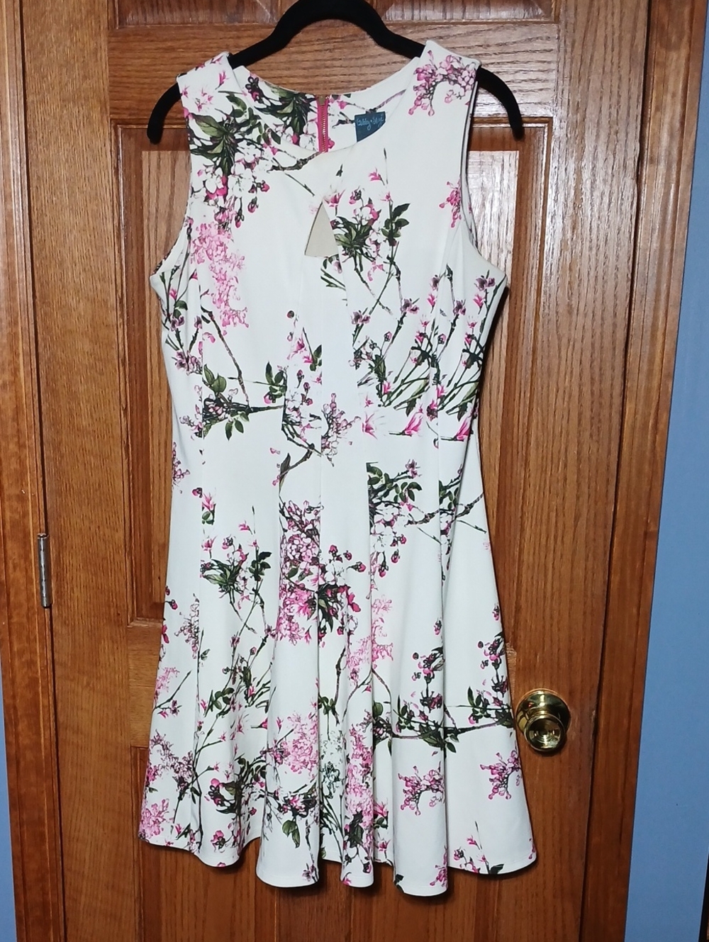 Gabby Skye White Midi Dress with Pink & Green Floral Print